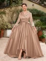 A-Line/Princess Satin Ruched V-neck Long Sleeves Asymmetrical Mother of the Bride Dresses