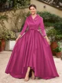 A-Line/Princess Satin Ruched V-neck Long Sleeves Asymmetrical Mother of the Bride Dresses