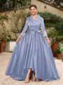 A-Line/Princess Satin Ruched V-neck Long Sleeves Asymmetrical Mother of the Bride Dresses