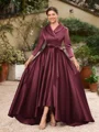 A-Line/Princess Satin Ruched V-neck Long Sleeves Asymmetrical Mother of the Bride Dresses
