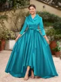 A-Line/Princess Satin Ruched V-neck Long Sleeves Asymmetrical Mother of the Bride Dresses