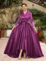 A-Line/Princess Satin Ruched V-neck Long Sleeves Asymmetrical Mother of the Bride Dresses