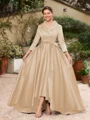 A-Line/Princess Satin Ruched V-neck Long Sleeves Asymmetrical Mother of the Bride Dresses