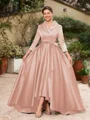A-Line/Princess Satin Ruched V-neck Long Sleeves Asymmetrical Mother of the Bride Dresses