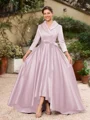 A-Line/Princess Satin Ruched V-neck Long Sleeves Asymmetrical Mother of the Bride Dresses
