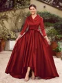 A-Line/Princess Satin Ruched V-neck Long Sleeves Asymmetrical Mother of the Bride Dresses