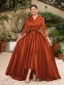A-Line/Princess Satin Ruched V-neck Long Sleeves Asymmetrical Mother of the Bride Dresses