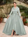 A-Line/Princess Satin Ruched V-neck Long Sleeves Asymmetrical Mother of the Bride Dresses