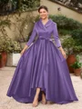 A-Line/Princess Satin Ruched V-neck Long Sleeves Asymmetrical Mother of the Bride Dresses