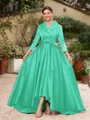 A-Line/Princess Satin Ruched V-neck Long Sleeves Asymmetrical Mother of the Bride Dresses
