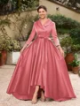 A-Line/Princess Satin Ruched V-neck Long Sleeves Asymmetrical Mother of the Bride Dresses