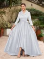 A-Line/Princess Satin Ruched V-neck Long Sleeves Asymmetrical Mother of the Bride Dresses