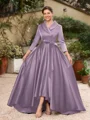 A-Line/Princess Satin Ruched V-neck Long Sleeves Asymmetrical Mother of the Bride Dresses