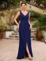 Sheath/Column Stretch Crepe Ruched V-neck Sleeveless Floor-Length Mother of the Bride Dresses