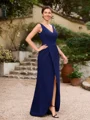 Sheath/Column Stretch Crepe Ruched V-neck Sleeveless Floor-Length Mother of the Bride Dresses