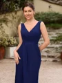 Sheath/Column Stretch Crepe Ruched V-neck Sleeveless Floor-Length Mother of the Bride Dresses