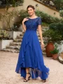 A-Line/Princess Chiffon Applique Bateau Short Sleeves Asymmetrical Mother of the Bride Dresses