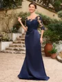 Sheath/Column Satin Applique Bateau 1/2 Sleeves Sweep/Brush Train Mother of the Bride Dresses