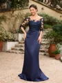 Sheath/Column Satin Applique Bateau 1/2 Sleeves Sweep/Brush Train Mother of the Bride Dresses