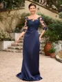 Sheath/Column Satin Applique Bateau 1/2 Sleeves Sweep/Brush Train Mother of the Bride Dresses