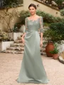 Sheath/Column Satin Applique Bateau 1/2 Sleeves Sweep/Brush Train Mother of the Bride Dresses