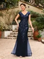 Sheath/Column Tulle Applique V-neck Short Sleeves Floor-Length Mother of the Bride Dresses