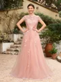 A-Line/Princess Tulle Applique Bateau Short Sleeves Floor-Length Dresses