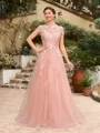 A-Line/Princess Tulle Applique Bateau Short Sleeves Floor-Length Dresses