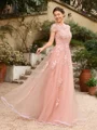 A-Line/Princess Tulle Applique Bateau Short Sleeves Floor-Length Dresses