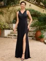 Sheath/Column Jersey Ruched V-neck Sleeveless Floor-Length Mother of the Bride Dresses