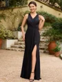 Sheath/Column Jersey Ruched V-neck Sleeveless Floor-Length Mother of the Bride Dresses