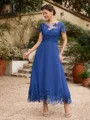A-Line/Princess Chiffon Applique Bateau Short Sleeves Tea-Length Mother of the Bride Dresses
