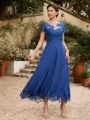 A-Line/Princess Chiffon Applique Bateau Short Sleeves Tea-Length Mother of the Bride Dresses