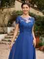A-Line/Princess Chiffon Applique Bateau Short Sleeves Tea-Length Mother of the Bride Dresses