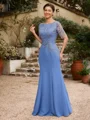 Sheath/Column Chiffon Applique Bateau Short Sleeves Floor-Length Mother of the Bride Dresses