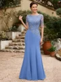 Sheath/Column Chiffon Applique Bateau Short Sleeves Floor-Length Mother of the Bride Dresses