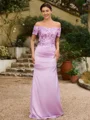 Sheath/Column Charmeuse Ruched Off-the-Shoulder Short Sleeves Floor-Length Mother of the Bride Dresses