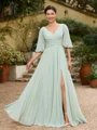 A-Line/Princess Chiffon Ruched V-neck 1/2 Sleeves Floor-Length Mother of the Bride Dresses