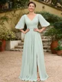 A-Line/Princess Chiffon Ruched V-neck 1/2 Sleeves Floor-Length Mother of the Bride Dresses