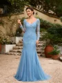 Sheath/Column Tulle Applique V-neck Long Sleeves Sweep/Brush Train Mother of the Bride Dresses