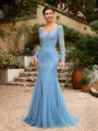 Sheath/Column Tulle Applique V-neck Long Sleeves Sweep/Brush Train Mother of the Bride Dresses