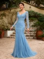 Sheath/Column Tulle Applique V-neck Long Sleeves Sweep/Brush Train Mother of the Bride Dresses