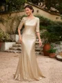 Sheath/Column Sequins Ruched 1/2 Sleeves Sweep/Brush Train Mother of the Bride Dresses