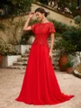 A-Line/Princess Chiffon Applique Scoop Short Sleeves Sweep/Brush Train Mother of the Bride Dresses