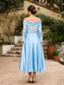 A-Line/Princess Silk Like Satin Ruched Off-the-Shoulder Long Sleeves Tea-Length Mother of the Bride Dresses