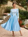 A-Line/Princess Silk Like Satin Ruched Off-the-Shoulder Long Sleeves Tea-Length Mother of the Bride Dresses