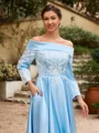 A-Line/Princess Silk Like Satin Ruched Off-the-Shoulder Long Sleeves Tea-Length Mother of the Bride Dresses