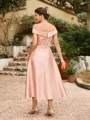 A-Line/Princess Satin Applique Off-the-Shoulder Sleeveless Tea-Length Mother of the Bride Dresses