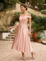 A-Line/Princess Satin Applique Off-the-Shoulder Sleeveless Tea-Length Mother of the Bride Dresses