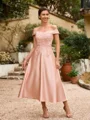 A-Line/Princess Satin Applique Off-the-Shoulder Sleeveless Tea-Length Mother of the Bride Dresses